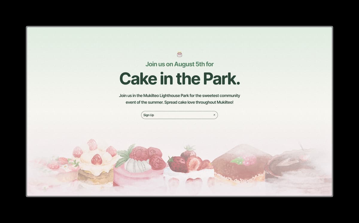 An image of the Cake in the Park community event website designed by Ruslan Mukhamedvaleev.
